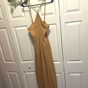 V line dress, long, camel fabric material